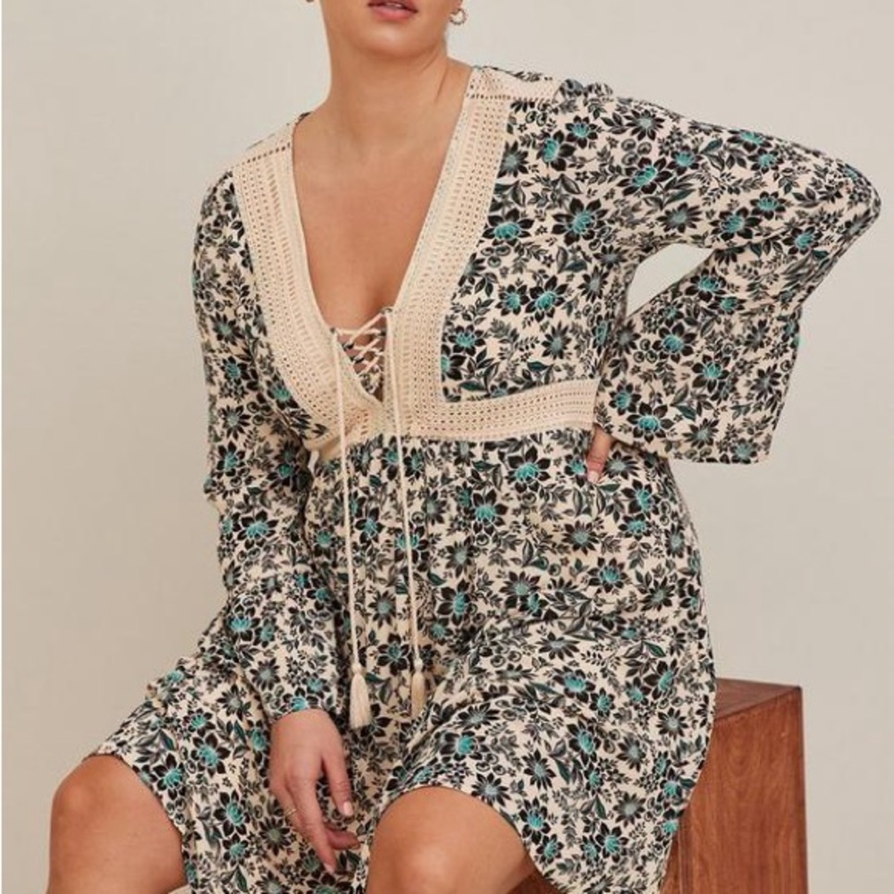 Torrid Floral Crochet Lace Up Bohemian Teal and Cream Mini Long Sleeve Dress 2